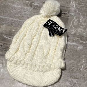ADORA Cream Hand Knitted Brimmed Beanie with Pompom